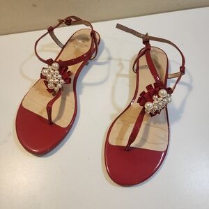 Kate Spade red patent leather t-strap  Sandals with Pearl Embellishments 9M